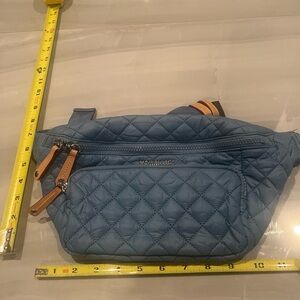 MZ Wallace Quilted Steel Blue Crossbody Belt Bag with Tan Accents